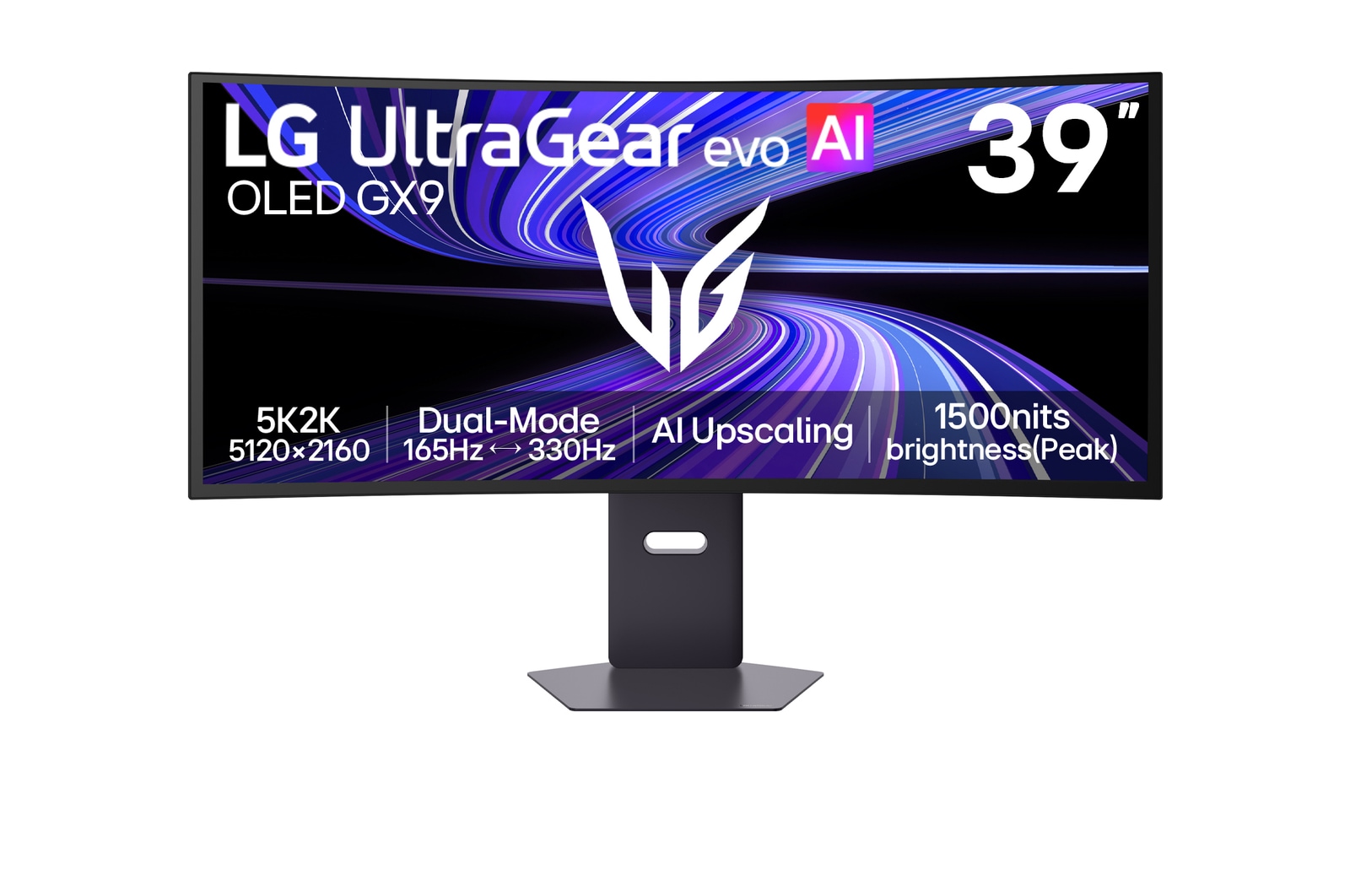 Vista frontal de Monitor LG UltraGear OLED 39GX950B 5K2K de 39” com Dual Mode (165Hz FHD 330Hz), 0,03ms (GtG), Compatível com NVIDIA G-Sync™ e AMD FreeSync™ Premium Pro, Certificado VESA AdaptiveSync, DisplayHDR™ 500 TRUE BLACK & DCI-P3 99.5% 39GX950B-B