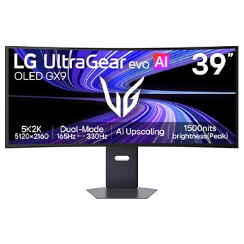 Vista frontal de Monitor LG UltraGear OLED 39GX950B 5K2K de 39” com Dual Mode (165Hz FHD 330Hz), 0,03ms (GtG), Compatível com NVIDIA G-Sync™ e AMD FreeSync™ Premium Pro, Certificado VESA AdaptiveSync, DisplayHDR™ 500 TRUE BLACK & DCI-P3 99.5% 39GX950B-B