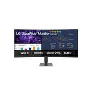Vista frontal de Monitor LG UltraWide™ Curvo 34U620B – Tela 34” VA QHD 2K, Curvatura 1800R, 144Hz nativo, PBP & PIP, HDR 10, sRGB99%, AMD FreeSync™ Premium, HDMI2.0 2x, DisplayPort1.4, Saída para fone de ouvido 34U620B-B