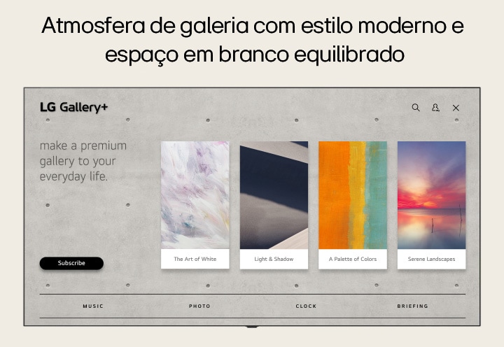 O LG Gallery+ apresenta uma interface de usuário inicial visualmente atraente com coleções de arte selecionadas.