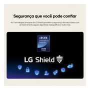 A LG SMART TV AI LB65 FHD TV conta com o AI Hub para personalização, com um ícone de AI sobre um controle remoto, cercado pelas funcionalidades Multi AI Search, AI Concierge, AI Voice ID com My Page e AI Chatbot.