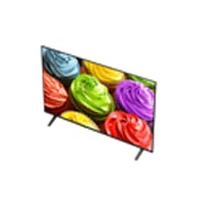 A LG SMART TV AI LB65 conta com o AI Hub para personalização, com um ícone de AI sobre um controle remoto, cercado pelas funcionalidades Multi AI Search, AI Concierge, AI Voice ID com My Page e AI Chatbot.
