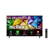 A vista frontal da LG Mini RGB evo AI MRGB85, lançada em 2026, apresenta uma moldura preta fina, com uma imagem vívida e escultural de formas multicoloridas e ricamente sobrepostas que preenchem a tela.