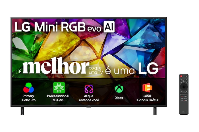 A vista frontal da LG Mini RGB evo AI MRGB85, lançada em 2026, apresenta uma moldura preta fina, com uma imagem vívida e escultural de formas multicoloridas e ricamente sobrepostas que preenchem a tela.