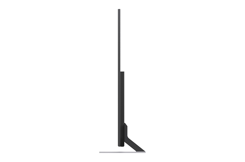 A LG Mini RGB evo AI MRGB85, mostrada nas vistas frontal e lateral, destaca-se por sua tela de 75 polegadas com 1677 mm de largura, 966 mm de altura (com o suporte), 1032 mm de altura, 51,6 mm de profundidade e uma base com dimensões de 1499 por 359 mm.