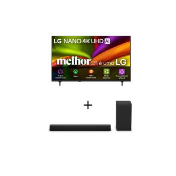 Vista frontal de Smart TV LG NANO UHD AI 4K NU850 65 polegadas 2026+Soundbar LG S70TY Dolby Atmos com configuração de canais 3.1.1 e 400W RMS 65NU850.S40T