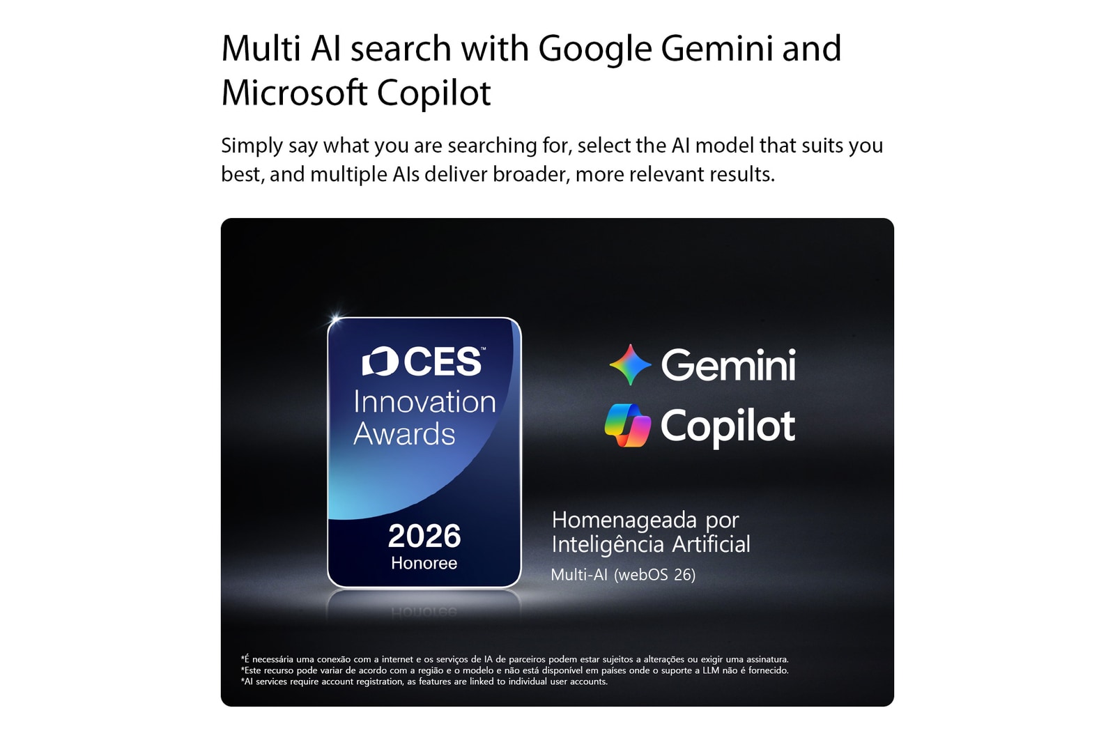 The 2026 CES Innovation Awards Honoree badge in the Artificial Intelligence category recognizes Multi-AI search with Google Gemini and Microsoft Copilot.