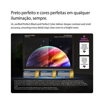 LG OLED evo AI G6 shows a split-screen planet-and-stars scene, comparing an anti-glare matte display with its Perfect Black & Perfect Color display for clearer picture quality in any light, supported by UL certification and Intertek certifications for color accuracy and Reflection-Free.