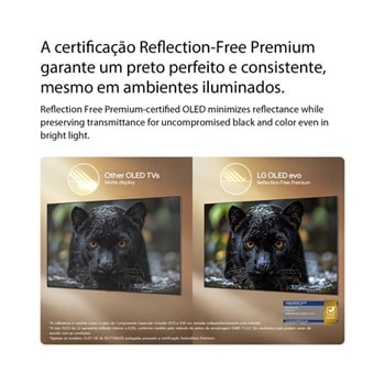 LG OLED evo AI G6 with Reflection Free Premium shows a side-by-side comparison against an anti-glare matte display, keeping the black jaguar image clear with deep blacks and fine texture, especially in bright environments, with an Intertek certification mark shown.