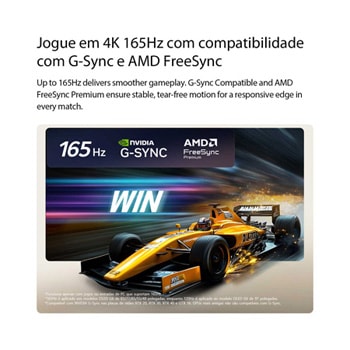 LG OLED evo AI G6 for Unbeatable Gameplay in 4K 165Hz shows a high-speed racing game with a yellow open-wheel car in motion, bold “WIN” text on screen, and NVIDIA G-SYNC and AMD FreeSync Premium logos at the top.