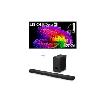 Vista frontal de Smart TV LG OLED evo AI 4K G6 65 polegadas 2026+Soundbar LG S90TY – 570W RMS, Dolby Atmos, 5.1.3 Canais, DTS:X, AI Room Calibration Pro, AI Sound Pro, Sem fios, WOW Orchestra, Conexões Múltiplas OLED65G6.S90TY