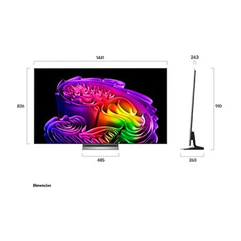 LG OLED evo AI G6 shown in front and side views highlights an 83-inch display with a 1847 mm-wide screen, 1057 mm screen height, 1115 mm height with stand, a 28 mm depth, and a stand footprint measuring 501 by 321 mm.