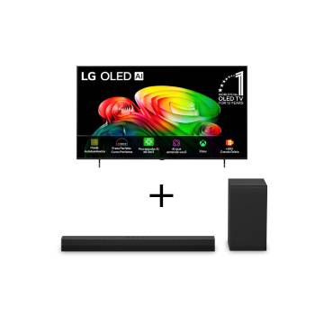 Vista frontal de Smart TV LG OLED AI 4K B6 65 polegadas 2026+Soundbar LG S40T - 300W RMS, 2.1 Canais, Dolby Digital, Sem fios, Bluetooth 5.3, Entrada Óptica, HDMI, AI Sound Pro OLED65B6.S40T
