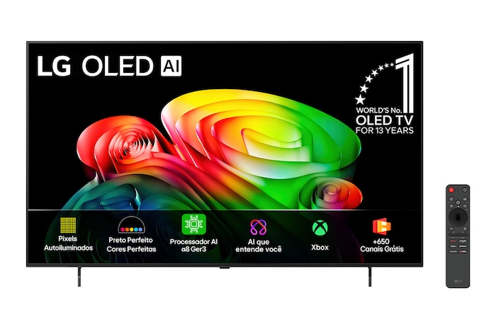 The front view of the LG OLED evo AI C6, released in 2026, displays an image of layered, multicolored forms, featuring Hyper Radiant Color Tech, Perfect Black & Perfect Color, along with the World’s No.1 OLED TV for 13 Years badge.