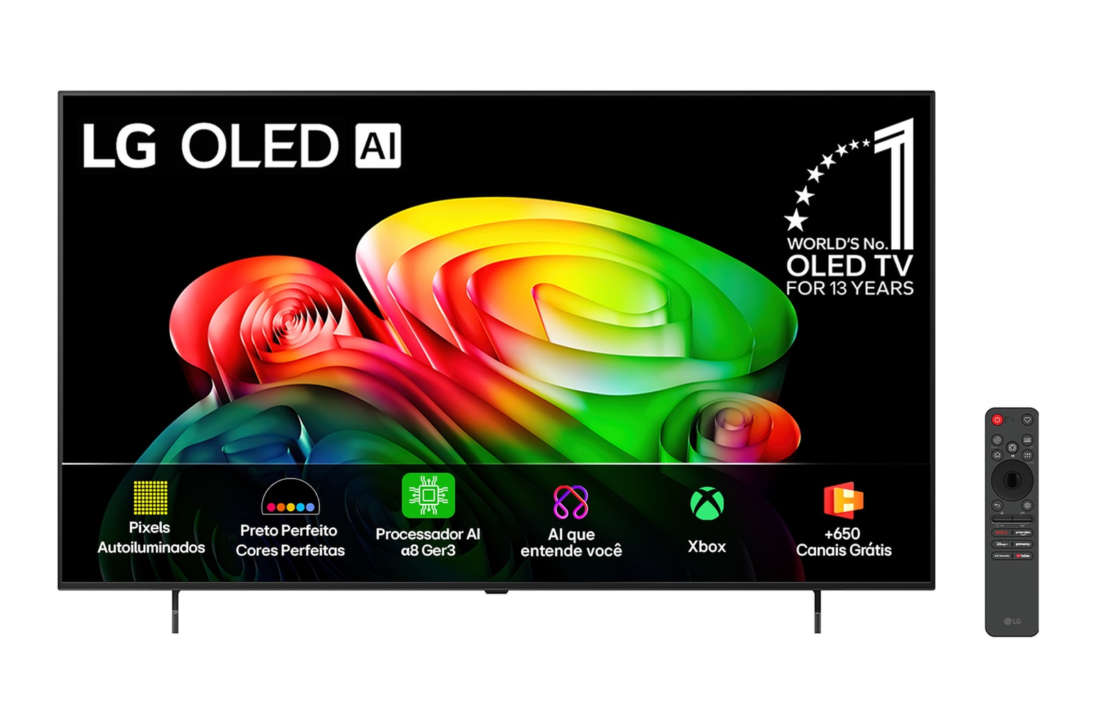 The front view of the LG OLED evo AI C6, released in 2026, displays an image of layered, multicolored forms, featuring Hyper Radiant Color Tech, Perfect Black & Perfect Color, along with the World’s No.1 OLED TV for 13 Years badge.