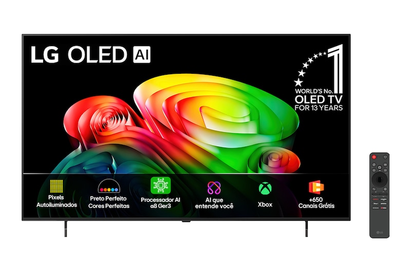 The front view of the LG OLED evo AI C6, released in 2026, displays an image of layered, multicolored forms, featuring Hyper Radiant Color Tech, Perfect Black & Perfect Color, along with the World’s No.1 OLED TV for 13 Years badge.