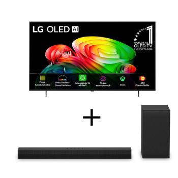 Vista frontal de Smart TV LG OLED AI 4K B6 55 polegadas 2026 + Soundbar LG S40T - 300W RMS, 2.1 Canais, Dolby Digital, Sem fios, Bluetooth 5.3, Entrada Óptica, HDMI, AI Sound Pro OLED55B6.S40T