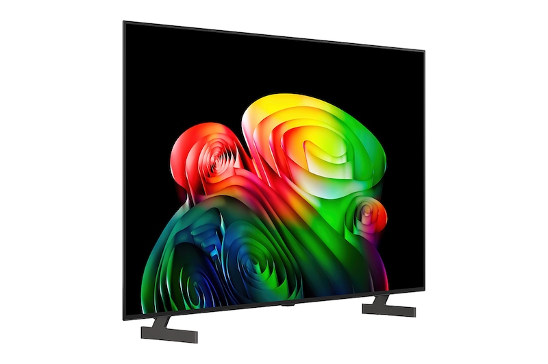 LG OLED evo AI C6 shows a split-screen planet-and-stars scene, comparing an anti-glare matte display with its Perfect Black & Perfect Color display for clearer picture quality in any light, supported by UL certification and Intertek certifications for color volume and color fidelity.