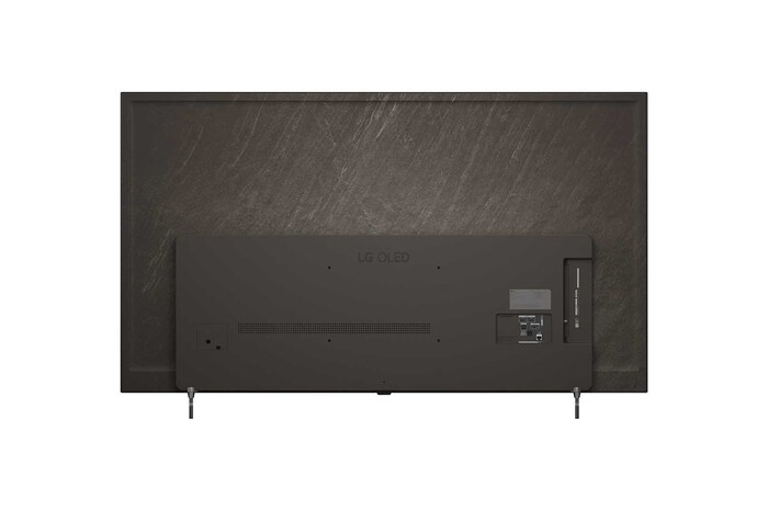 LG OLED evo AI C6 shown in front and side views highlights a 77-inch display with a 1711 mm-wide screen, an overall height of 982 mm, and an ultra-slim 47.1 mm depth without a stand.