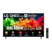 A vista frontal da LG QNED evo AI QNED80 Mini LED, lançada em 2026, exibe uma imagem de formas multicoloridas e sobrepostas, apresentando a tecnologia Cores Dinâmicas QNED Pro, Mini LED, Processador AI Alpha 7 Ger9, webOS e uma tela de 85 polegadas.