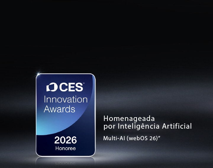 O selo de premiado do CES Innovation Awards 2026 é exibido em um fundo escuro. A Arquitetura Multi-AI foi reconhecida na categoria Inteligência Artificial.