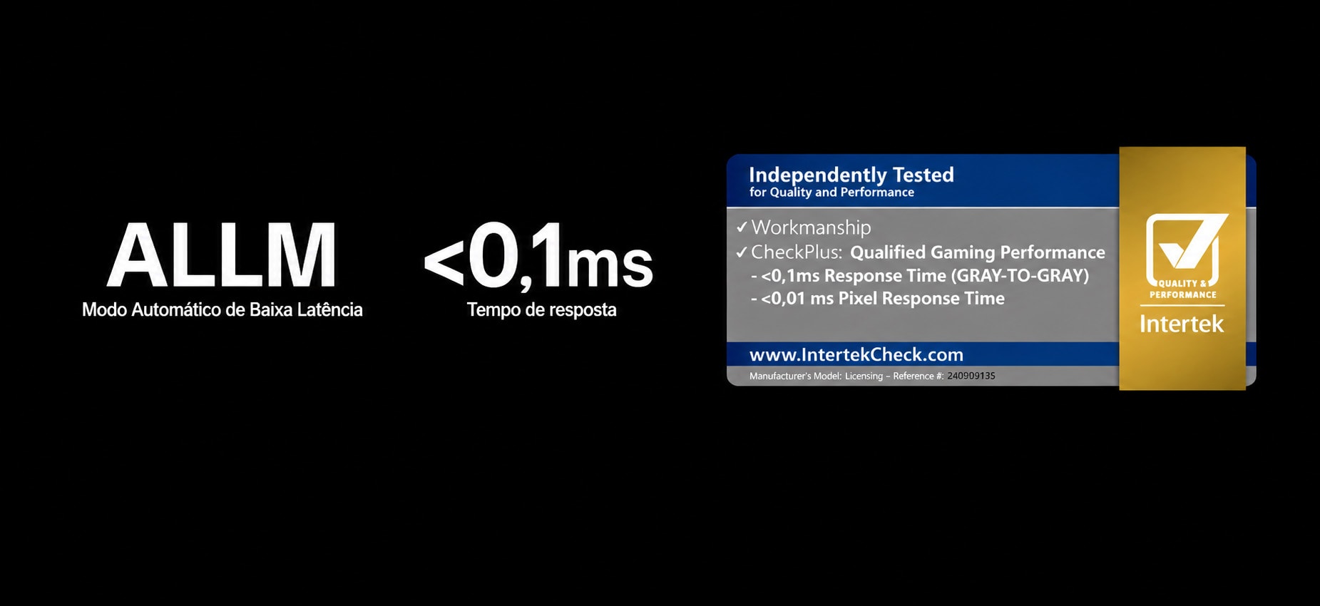 Os textos ALLM (Modo Automático de Baixa Latência) e tempo de resposta inferior a 0,1ms, acompanhados do selo de certificação da Intertek, aparecem sobre um fundo escuro.