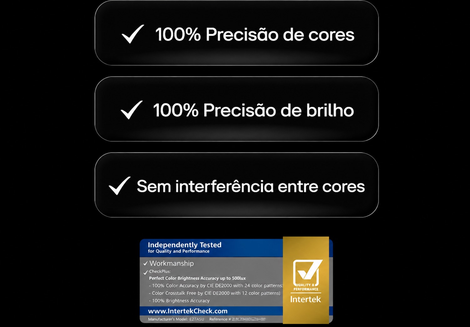A TV LG OLED evo apresenta a certificação da Intertek com selos que destacam 100% de precisão de cores, 100% de precisão de brilho e ausência de interferência entre cores, demonstrando a primeira certificação do mundo para Cores Perfeitas e precisão de brilho.