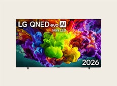 Uma TV ultragrande LG QNED evo AI Mini LED QNED90 de até 115 polegadas exibindo imagens coloridas e vívidas em sua tela, destacando sua qualidade de imagem.