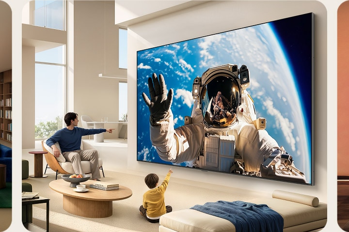 A TV LG QNED evo AI Mini LED com tela ultragrande de até 100 polegadas oferece imersão em grande escala ao exibir uma sequência de cenas cinematográficas vibrantes, incluindo um astronauta no espaço, um game de combate espacial, uma praia ao pôr do sol e uma ampla paisagem montanhosa. As imagens mostram as diferentes maneiras de aproveitar a experiência imersiva da TV QNED ultragrande.