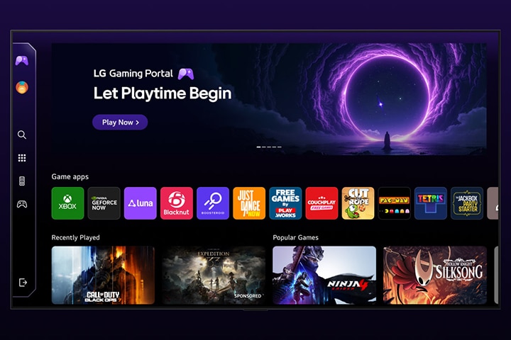 A TV LG QNED evo AI Mini LED apresenta o Portal de Games LG com uma central que reúne conteúdos em destaque e jogos em uma única interface, oferecendo acesso ao GeForce NOW e a aplicativos de games do webOS.