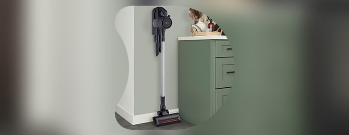 LG CordZero® Q3 Cordless Stick Vacuum with the charging dock on the wall.