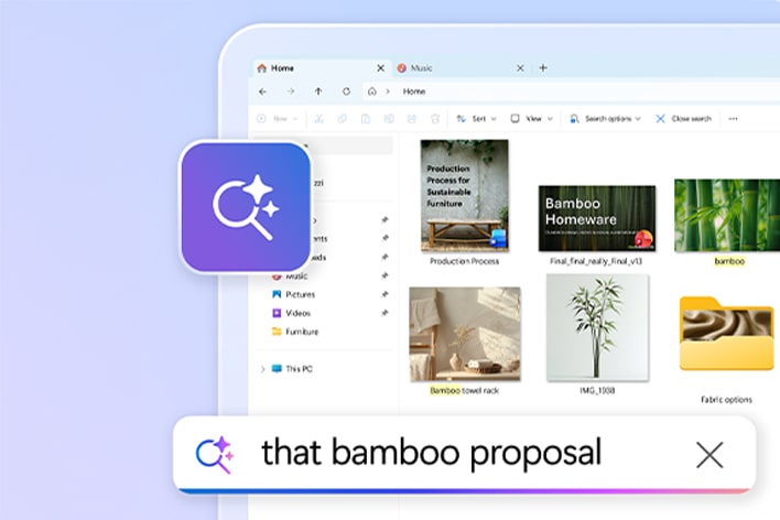 This image shows a file explorer window with various thumbnails and a search bar containing natural-language text, demonstrating how users can find files by describing what they need.