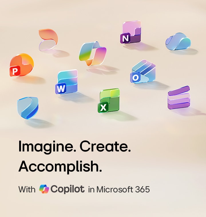 This image shows colorful 3D icons of Microsoft 365 applications including Word, Excel, PowerPoint, Outlook, and OneDrive on a light orange gradient background.