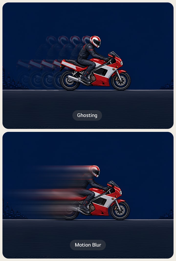 A side-by-side comparison illustrates ghosting on the left and motion blur on the right using a fast-moving red motorcycle.