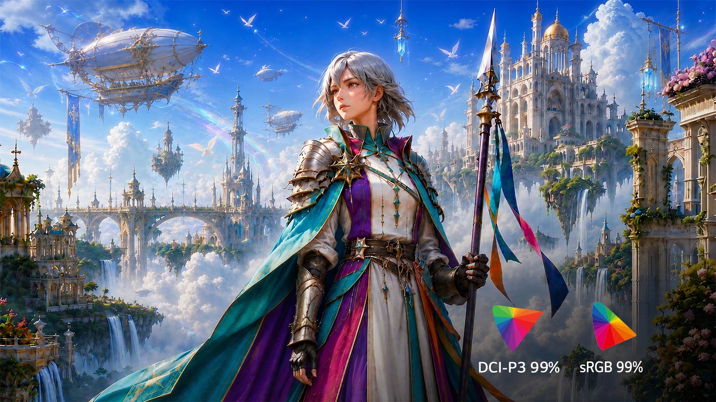 A silver-haired warrior holding a spear stands against a fantasy city background, displaying DCI-P3 99% and sRGB 99% color gamut logos.