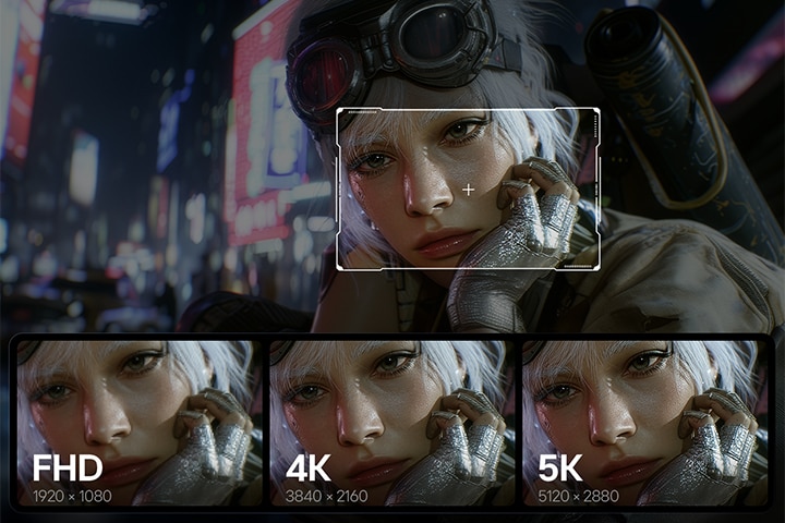 A detailed video game character with silver hair and goggles is shown in a close-up box, with three side-by-side comparison panels below labeled FHD (1920x1080), 4K (3840x2160), and 5K (5120x2880) to demonstrate screen resolution clarity on an LG UltraGear monitor.