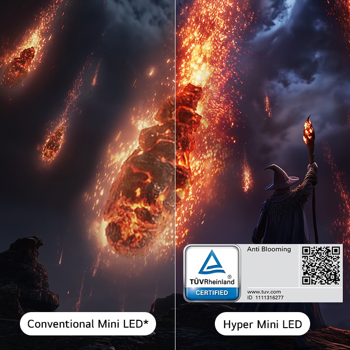 A split screen image of a game scene, comparing conventional Mini LED and ultra brightness without light blooming on Hyper Mini LED.