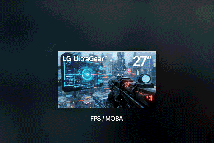 A video of various screen sizes of LG UltraGear monitor displays various gaming genres.