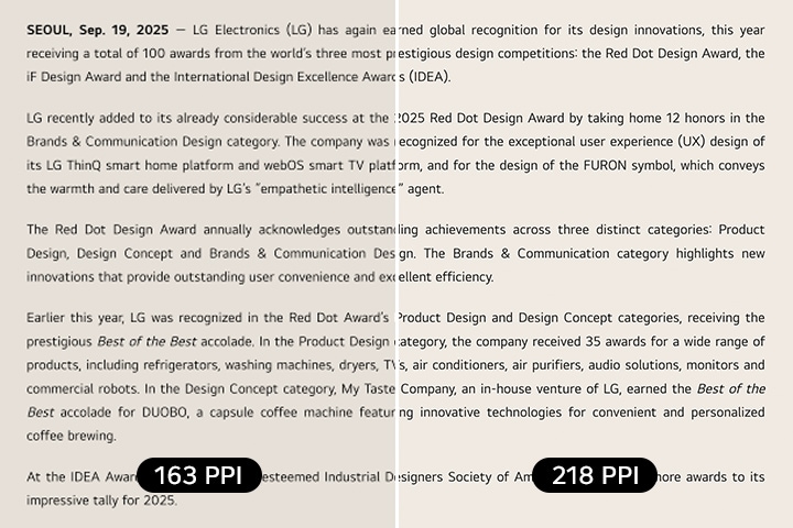 A split screen on an LG UltraGear monitor compares text clarity between 163 PPI on the left and 218 PPI on the right.