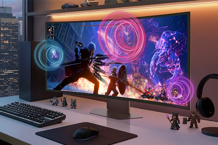 An LG UltraGear monitor on a desk setup displays an action RPG gameplay scene, with colorful soundwave ripples emitting from the screen to depict immersive audio, showing its AI Sound.