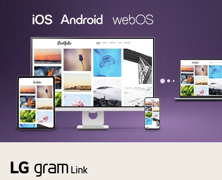This image shows an LG gram laptop connected with a tablet, smartphone, and desktop display, illustrating seamless multi-device syncing and content sharing across iOS, Android, and webOS using LG gram Link.
