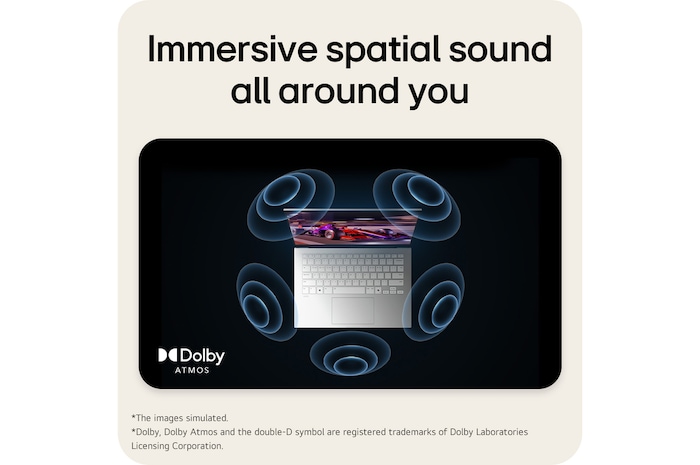 'The image shows a top-down view of a laptop with a vibrant, purple-themed graphic on the screen. Surrounding the laptop are dynamic sound wave visuals, indicating an immersive audio experience. The "Dolby Atmos" logo is displayed in the bottom right corner.