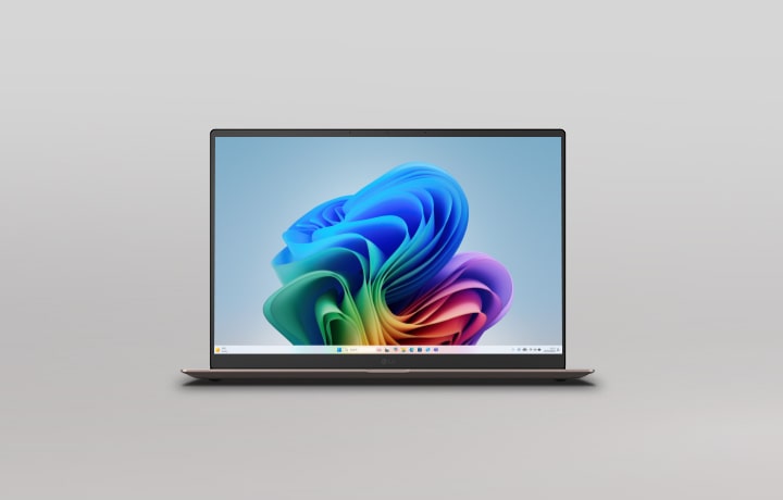 This image shows the slim LG Gram AI laptop viewed from the front against a minimalist background.