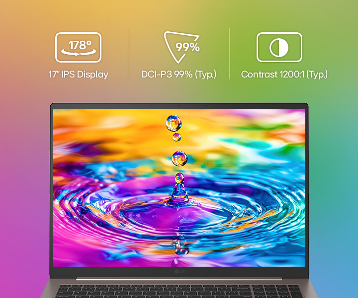 This image shows the front view of the LG gram laptop display with a vivid, colorful liquid splash visual on the screen, set against a gradient background. Above the display, icons highlight key specifications including a 17 inch IPS display with 178° wide viewing angles, DCI-P3 99% (Typ.) color gamut, and 1200:1 (Typ.) contrast ratio. A VESA DisplayHDR True Black 1000 certification badge appears on the right, emphasizing high contrast and rich color performance.
