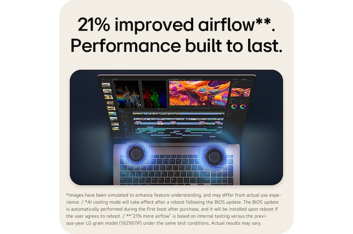 The image shows an open gram laptop displaying data dashboards on the screen, with “32.5 hrs” and “90Wh” shown beneath the product to highlight long battery life.