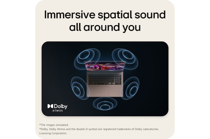 The image shows a top-down view of a laptop with a vibrant, purple-themed graphic on the screen. Surrounding the laptop are dynamic sound wave visuals, indicating an immersive audio experience. The "Dolby Atmos" logo is displayed in the bottom right corner.