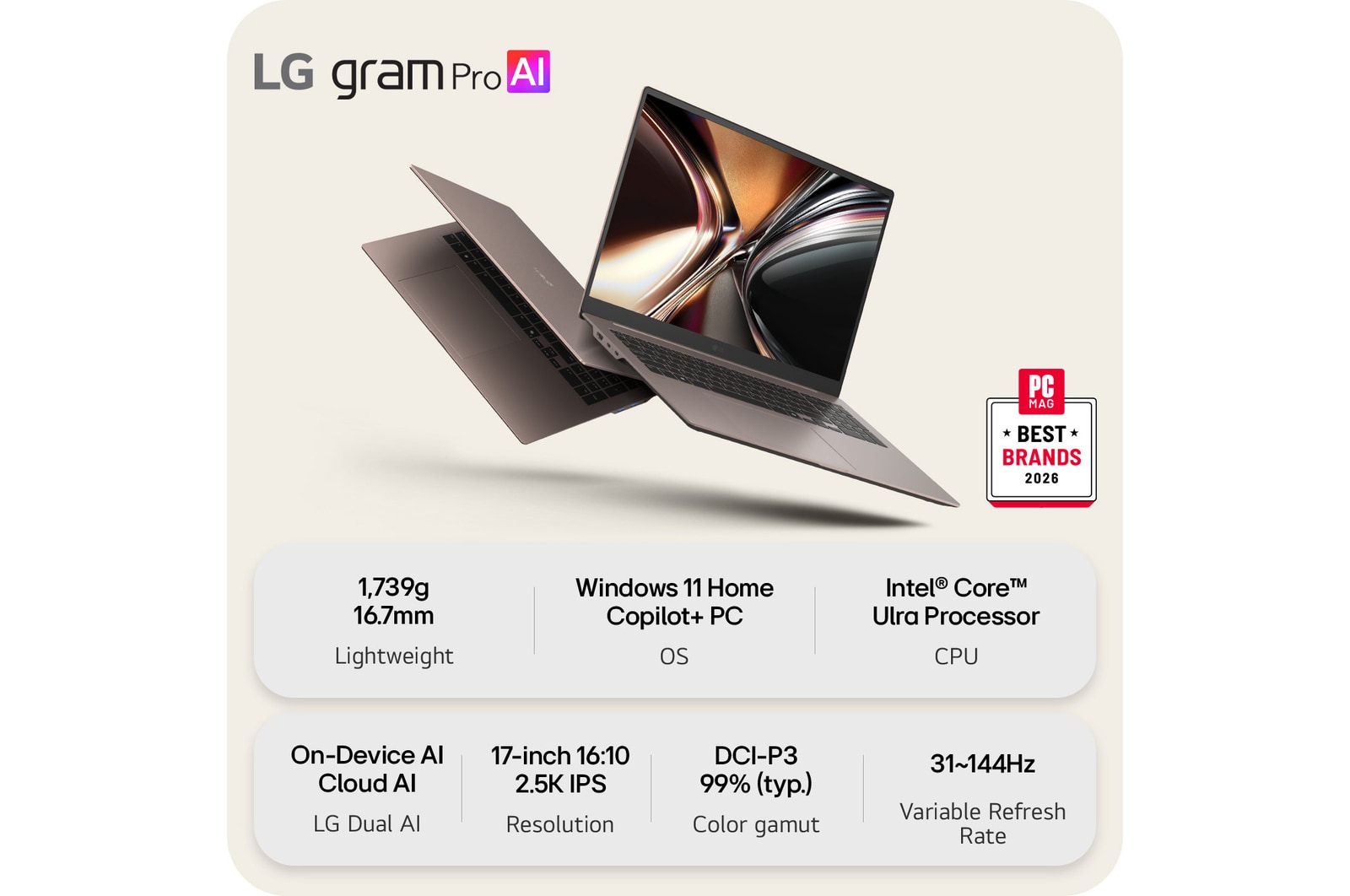 'This image shows two lightweight laptops displayed on a bright background. One laptop is angled to highlight its slim, compact rear design, while the other is open, emphasizing a thin and lightweight build, with key specifications shown below.