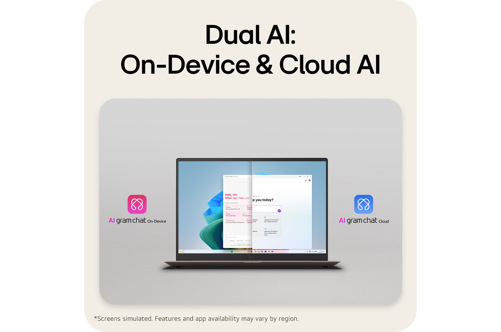 'The image shows a laptop screen split into two sections, presenting AI gram chat on-device on one side and AI gram chat cloud on the other, illustrating on-device and cloud-based AI chat interfaces.