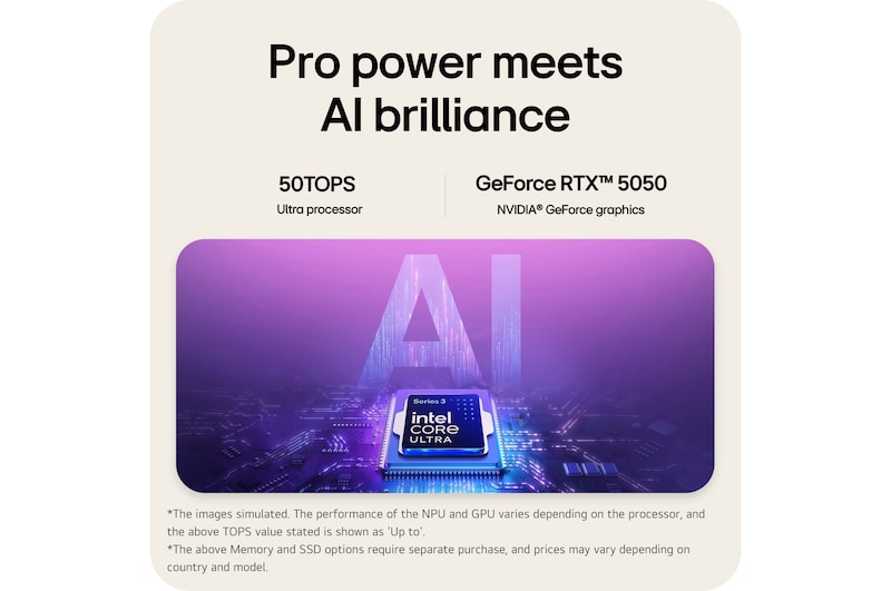 'The image features an Intel® Core™ Ultra processor set against a blue-to-purple gradient background, with large semi-transparent “AI” text layered behind the chipset.