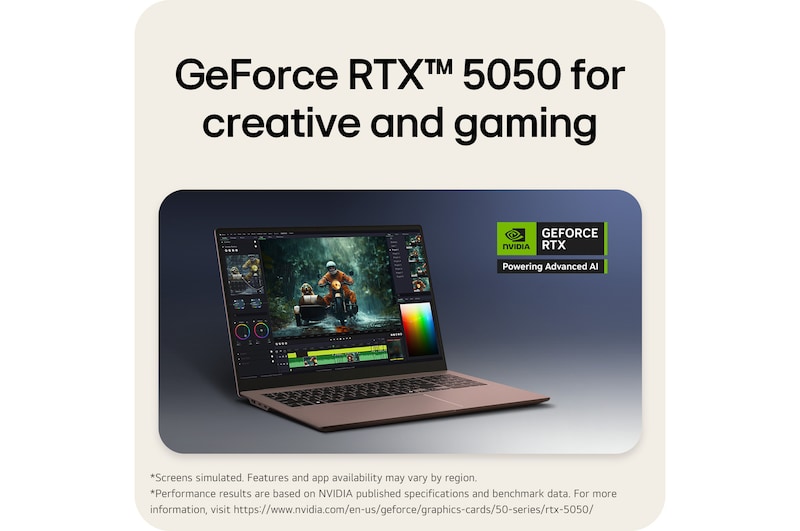 'This image shows the LG gram laptop featuring NVIDIA GeForce RTX 5050 graphics for creative and gaming performance.